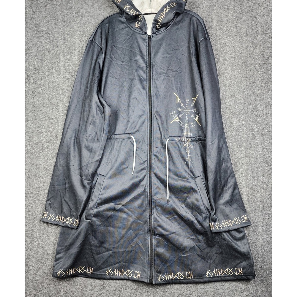 Unbranded Norse Rune Hooded Jacket Unisex XL Black Gold Viking Vegvisir Longline